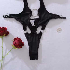 Body sexy tanga, cu decupaje, spatele gol si cercuri metalice, negru, #ZZ4138 - Img 7