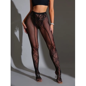 Ciorapi sexy tip dres din plasa fina elastica cu model brodat si decupaj, negru #ZZ4125 - Img 6
