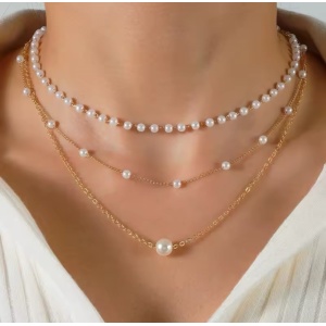 Colier triplu, la baza gatului cu perle albe decorative, auriu #ZZ4163