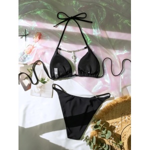 Costum de baie 2 piese, accesoriu metalic cu cristale la sutien, negru#ZZ2897 - Img 8