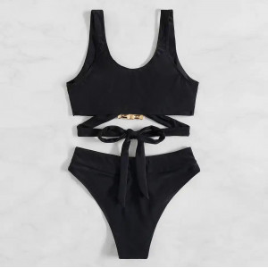 Costum de baie 2 piese cu accesorii metalice aurii, negru #ZZ2045 - Img 3