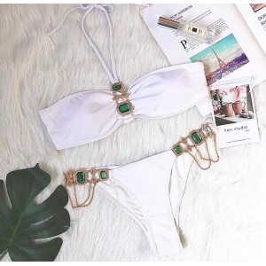 Costum de baie 2 piese cu accesorii metalice si cristale decorative, alb #ZZ2882 - Img 4