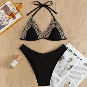 Costum de baie 2 piese cu broderie decorativa aurie la sutien, negru #ZZ2802 - Img 2