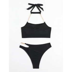 Costum de baie 2 piese cu bustiera si lant metalic auriu, negru #ZZ2017 - Img 3