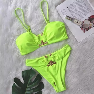 Costum de baie 2 piese cu catarame metalice decorative, verde neon #ZZ2923 - Img 9
