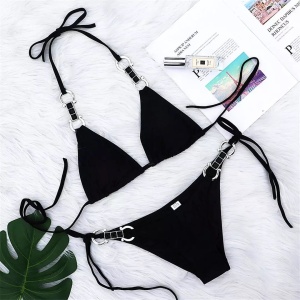 Costum de baie 2 piese cu catarame metalice la slip si sutien, negru #ZZ2853 - Img 5