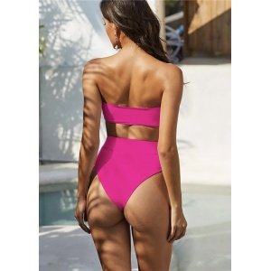 Costum de baie 2 piese cu catarame metalice si slip cu talie inalta, roz fucsia #ZZ2795