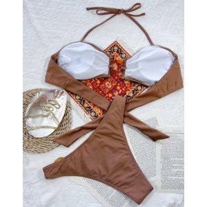 Costum de baie 2 piese cu cercuri decorative, maro #ZZ2748 - Img 2