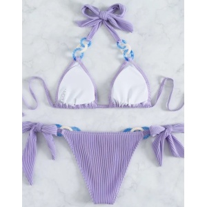 Costum de baie 2 piese cu cercuri decorative si slip reglabil, lila #ZZ2770 - Img 4