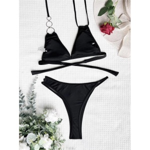 Costum de baie 2 piese cu cercuri metalice decorative, negru#ZZ2899 - Img 5