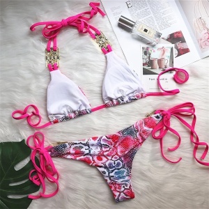 Costum de baie 2 piese cu cristale decorative la sutien, imprimeu sarpe, roz #ZZ2910 - Img 11