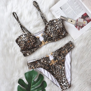 Costum de baie 2 piese cu imprimeu leopard si catarame metalice decorative, maro #ZZ2808 - Img 8
