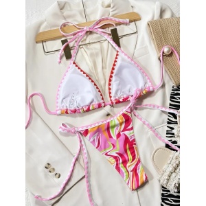Costum de baie 2 piese cu imprimeu multicolor si slip reglabil, roz #ZZ2878 - Img 4