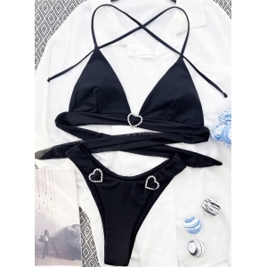 Costum de baie 2 piese cu inimioare decorative, negru #ZZ2903 - Img 4