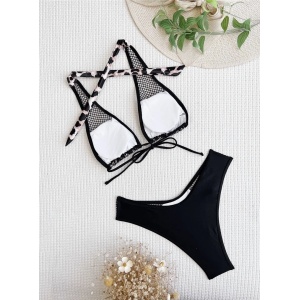 Costum de baie 2 piese cu insertii de plasa, imprimeu leopard, negru #ZZ2767 - Img 5