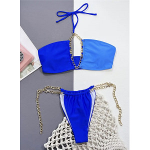 Costum de baie 2 piese cu lant auriu decorativ la slip si sutien, albastru #ZZ2029 - Img 2