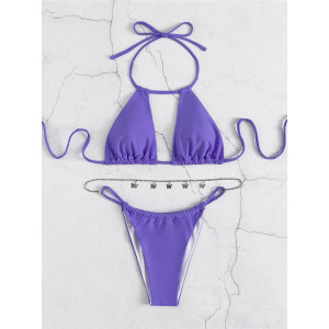 Costum de baie 2 piese cu lantisor decorativ argintiu la slip, mov #ZZ2020 - Img 7