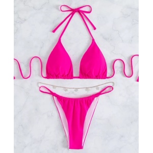 Costum de baie 2 piese cu lantisor decorativ, roz fucsia #ZZ2884 - Img 2