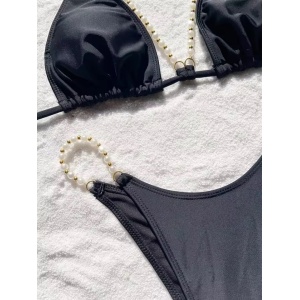 Costum de baie 2 piese cu perle albe decorative la slip si sutien, negru #ZZ2025 - Img 5