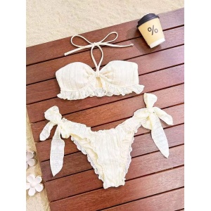 Costum de baie 2 piese cu slip reglabil, bej #ZZ2070 - Img 4