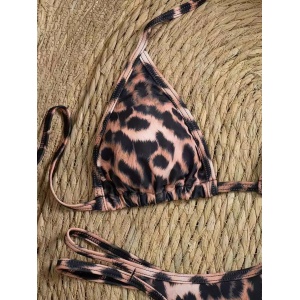 Costum de baie 2 piese cu slip tanga, cristale decorative, animal print, maro/ negru #ZZ2018 - Img 5
