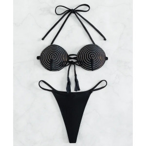 Costum de baie 2 piese cu slip tanga, insertii argintii si snur decorativ, negru #ZZ2044 - Img 3