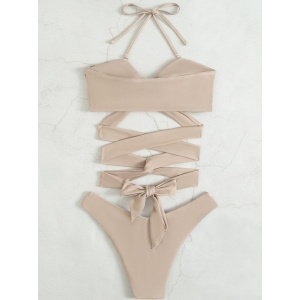 Costum de baie 2 piese cu snur decorativ la sutien, imprimeu sarpe , bej #ZZ2873 - Img 3