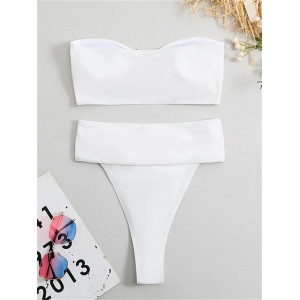 Costum de baie 2 piese cu talie inalta si accesorii metalice aurii, alb #ZZ2024 - Img 5