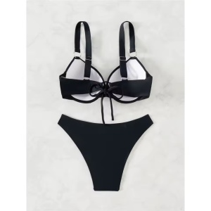 Costum de baie 2 piese, cupe tari buretate si cercuri decorative, negru #ZZ2125 - Img 5