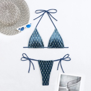 Costum de baie 2 piese din catifea cu sclipici argintiu, slip tanga reglabil, albastru #ZZ2133 - Img 7