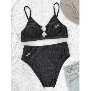 Costum de baie 2 piese din material texturat cu sclipici, slip cu talie inalta, negru #ZZ2076 - Img 3