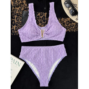 Costum de baie 2 piese din material texturat, slip cu talie inalta, mov/ lila #ZZ2073 - Img 4