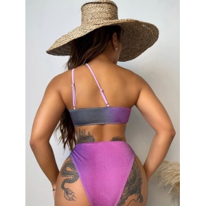 Costum de baie 2 piese in degrade cu sclipici, sutien cu burete detasabil, slip normal, mov #ZZ2712 - Img 2