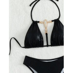 Costum de baie 2 piese lucios, imprimeu sarpe si accesoriu cu cristale la sutien, negru #ZZ2022 - Img 5