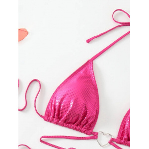 Costum de baie 2 piese metalizat cu inimioare metalice si snururi , roz fucsia #ZZ2100 - Img 11