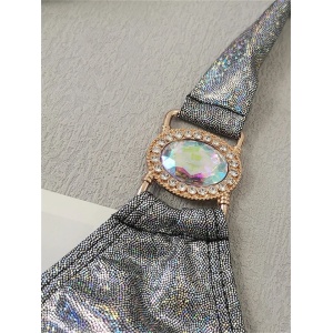 Costum de baie 2 piese metalizat cu slip brazilian si cristale decorative, argintiu #ZZ2115 - Img 11