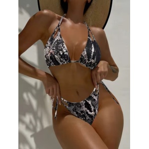 Costum de baie 2 piese metalizat, imprimeu sarpe, slip reglabil, negru/ argintiu #ZZ2010