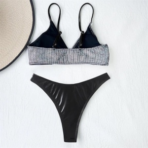 Costum de baie 2 piese metalizat in doua culori, slip tanga, negru/ argintiu #ZZ2849 - Img 2