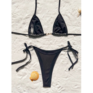 Costum de baie 2 piese metalizat, slip tanga reglabil, negru #ZZ2098 - Img 4