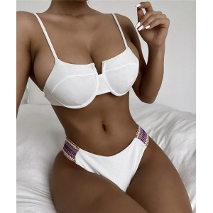 Costum de baie 2 piese reiat, slip cu elastice laterale colorate, alb #ZZ2864 - Img 2