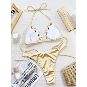 Costum de baie 2 piese satinat cu cercuri metalice si snur decorativ, bej/ auriu #ZZ2058 - Img 5
