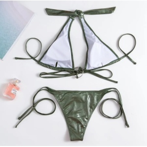 Costum de baie 2 piese sidefat cu catarama metalica la sutien si slip reglabil, verde kaki #ZZ2789 - Img 8