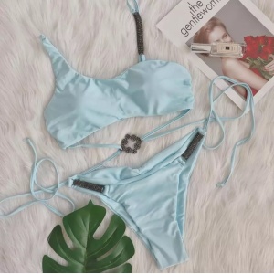Costum de baie 2 piese sidefat cu cristale decorative, bleu #ZZ2868 - Img 4