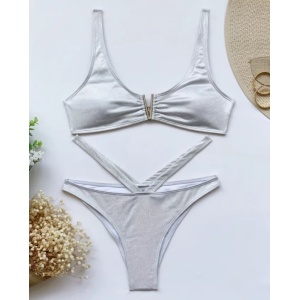 Costum de baie 2 piese sidefat, cu decupaje la slip, argintiu #ZZ2858 - Img 4