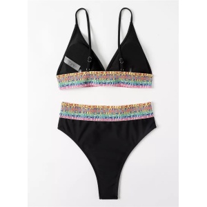 Costum de baie 2 piese, slip brazilian cu talie inalta, elastice late colorate, negru #ZZ2734 - Img 4