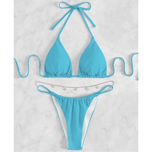 Costum de baie 2 piese, slip cu lantisor decorativ, albastru turcoaz #ZZ2905 - Img 2
