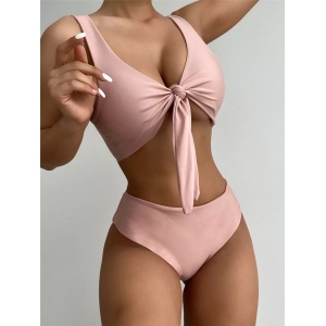 Costum de baie 2 piese, slip cu talie inalta, roz #ZZ2813 - Img 2