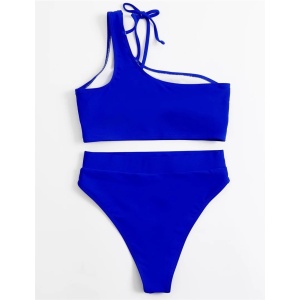 Costum de baie 2 piese, sutien pe un umar si slip cu talie inalta, albastru #ZZ2803 - Img 8