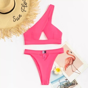 Costum de baie 2 piese, sutien pe un umar, slip cu catarama, roz neon #ZZ2841 - Img 3