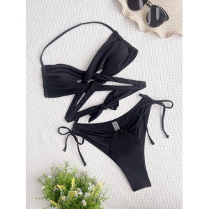 Costum de baie 2 piese, sutien petrecut cu bureti detasabili, slip brazilian reglabil, negru #ZZ2737 - Img 4